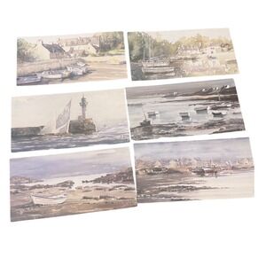 Vintage Nautical Watercolor Coastal Prints Set of 6 Signed Maritime Art 12x6